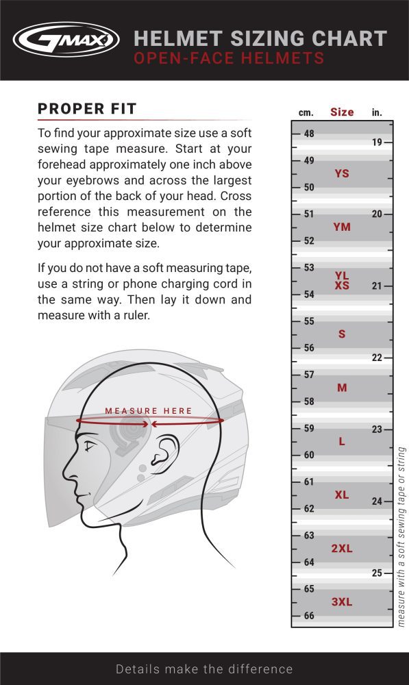 GMAX Open Face Helmets SizeChart Mobile